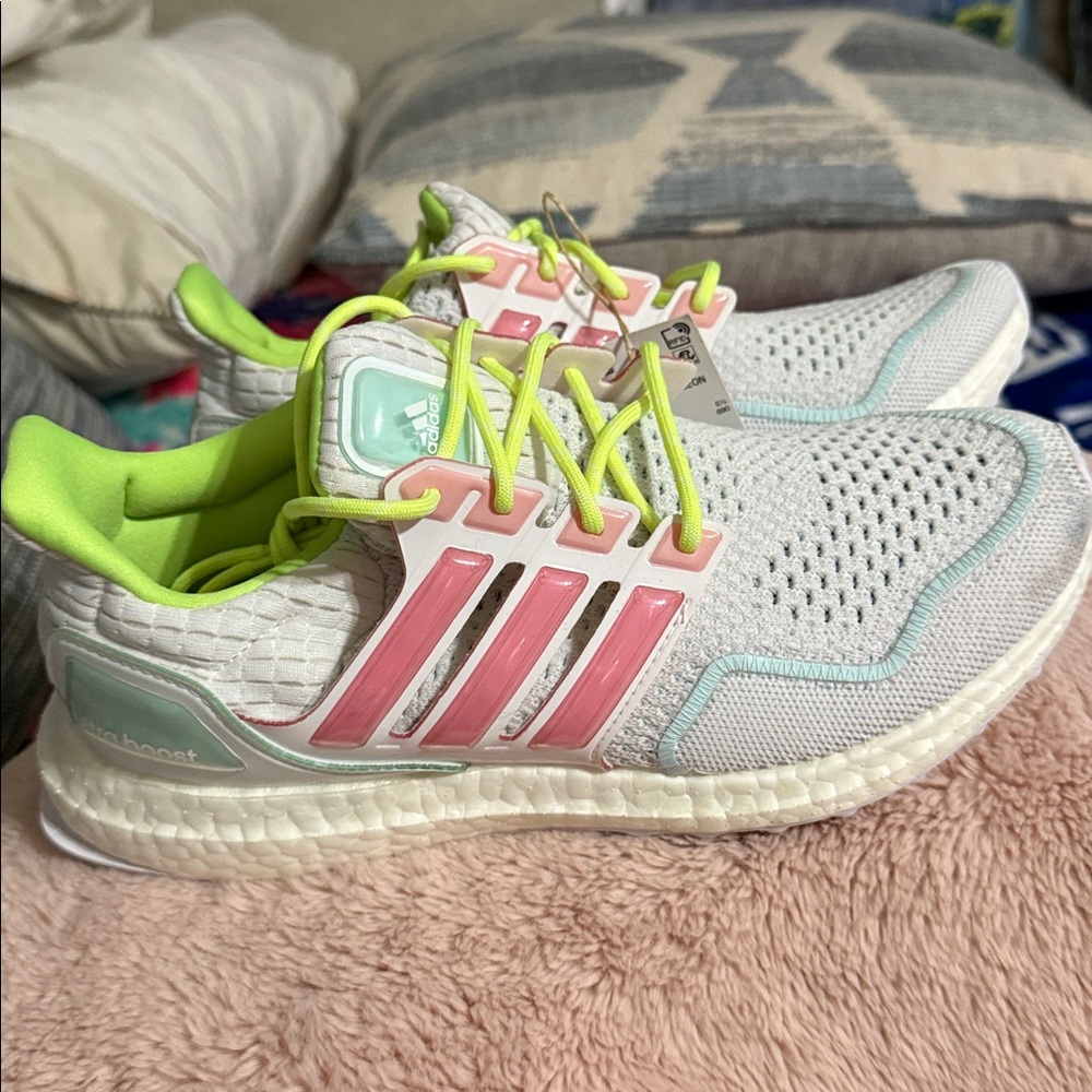 Adidas White Sneakers with Pink and Lime Accents- Women’s size 8